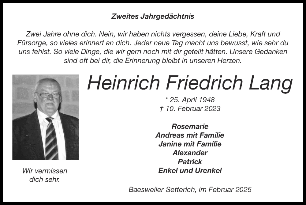 Traueranzeige für Heinrich  Lang vom 16.02.2025 aus Zeitung am Sonntag