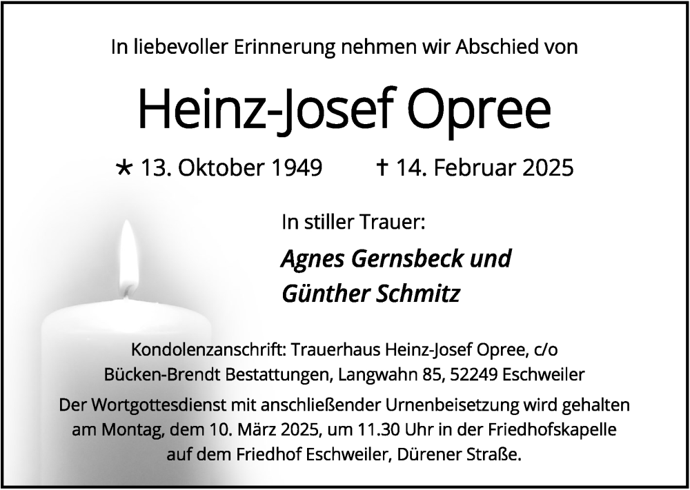  Traueranzeige für Heinz-Josef Opree vom 23.02.2025 aus Zeitung am Sonntag