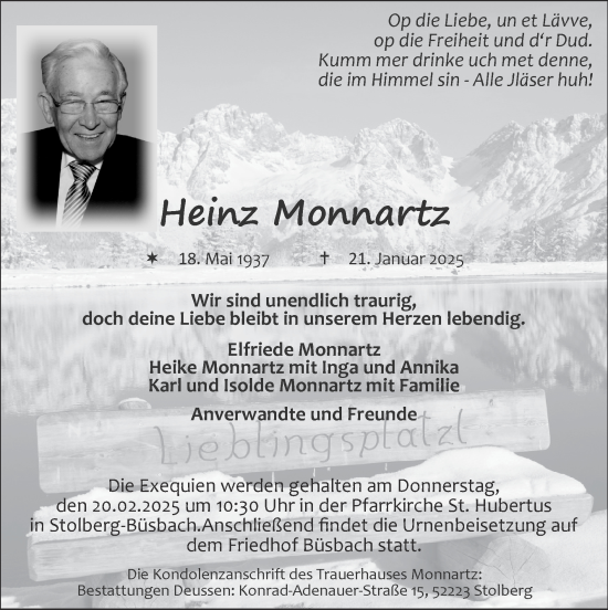Traueranzeige von Heinz Monnartz von Zeitung am Sonntag