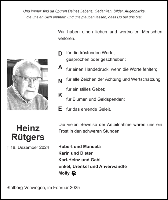 Traueranzeige von Heinz Rütgers von Zeitung am Sonntag