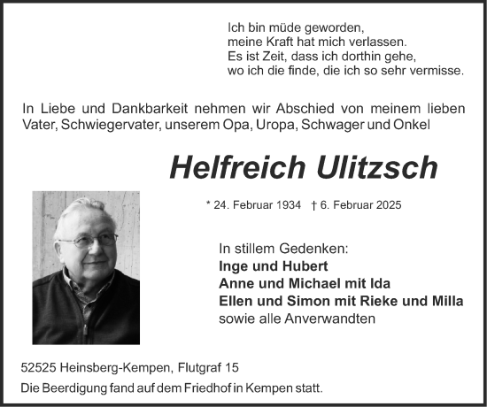 Traueranzeige von Helfreich Ulitzsch von Zeitung am Sonntag