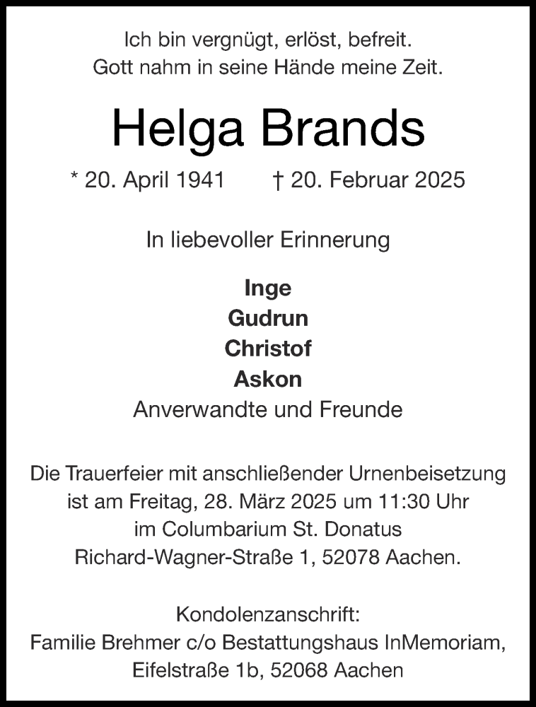  Traueranzeige für Helga Brands vom 01.03.2025 aus Aachener Zeitung