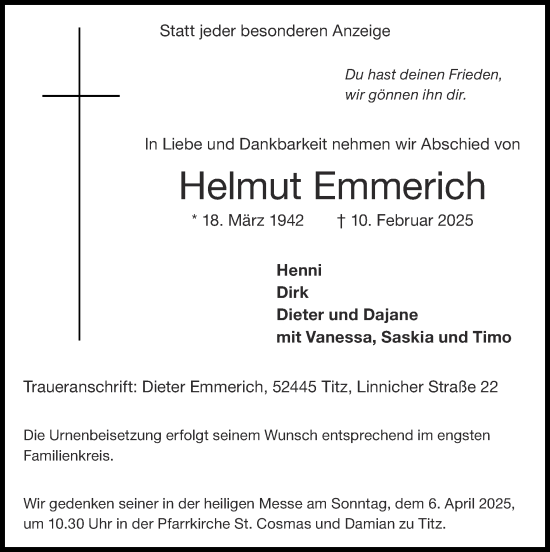 Traueranzeige von Helmut Emmerich von Zeitung am Sonntag
