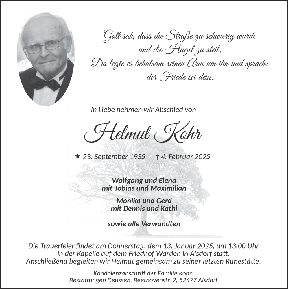  Traueranzeige für Helmut Kohr vom 09.02.2025 aus Zeitung am Sonntag