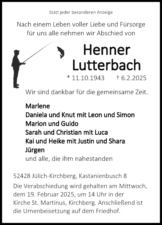 Traueranzeige von Henner Lutterbach von Zeitung am Sonntag