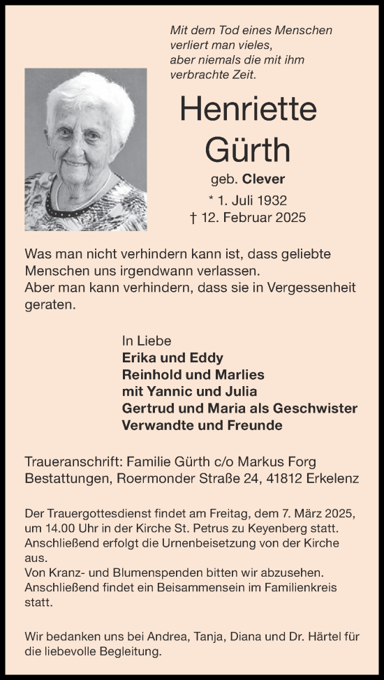 Traueranzeige von Henriette Gürth von Zeitung am Sonntag
