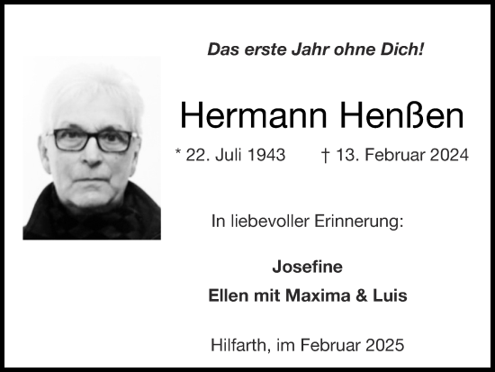 Traueranzeige von Hermann Henßen von Zeitung am Sonntag