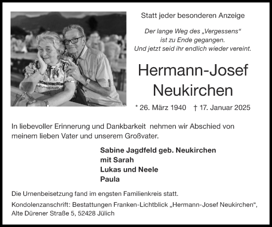 Traueranzeige von Hermann-Josef Neukirchen von Zeitung am Sonntag