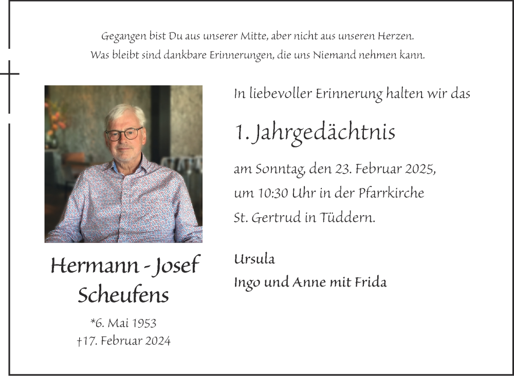  Traueranzeige für Hermann-Josef Scheufens vom 16.02.2025 aus Zeitung am Sonntag