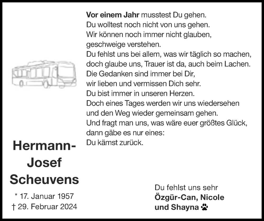 Traueranzeige für Hermann-Josef Scheuvens vom 23.02.2025 aus Zeitung am Sonntag