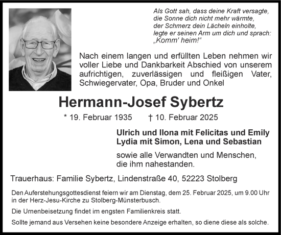 Traueranzeige von Hermann-Josef Sybertz von Zeitung am Sonntag