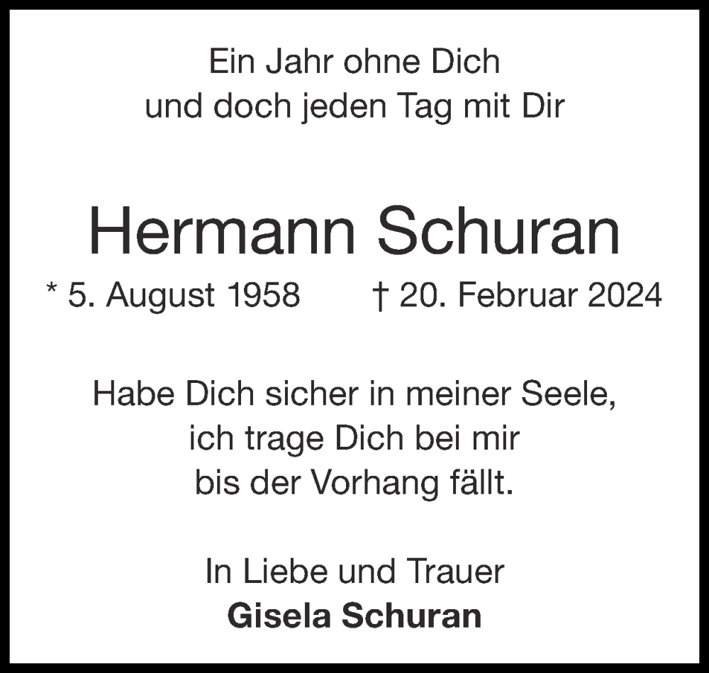  Traueranzeige für Hermann Schuran vom 23.02.2025 aus Zeitung am Sonntag