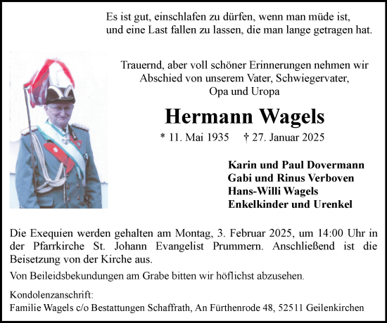 Traueranzeige von Hermann Wagels von Zeitung am Sonntag