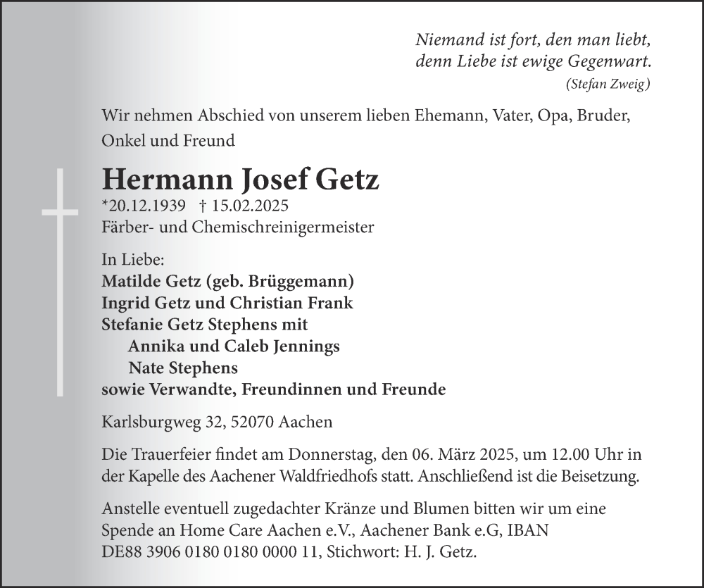  Traueranzeige für Hermann Josef Getz vom 22.02.2025 aus Aachener Zeitung