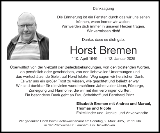 Traueranzeige von Horst Bremen von Zeitung am Sonntag