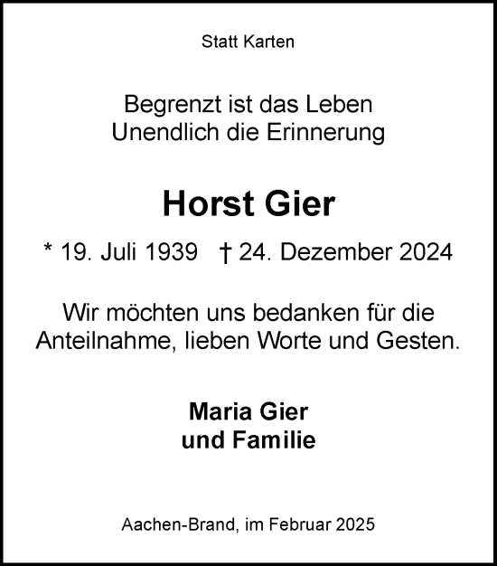 Traueranzeige von Horst Gier von Zeitung am Sonntag