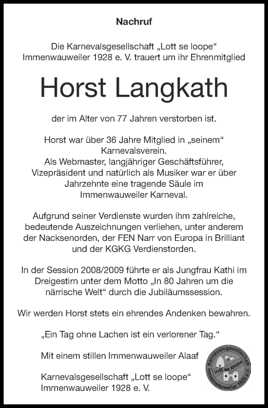 Traueranzeige von Horst Langkath von Zeitung am Sonntag