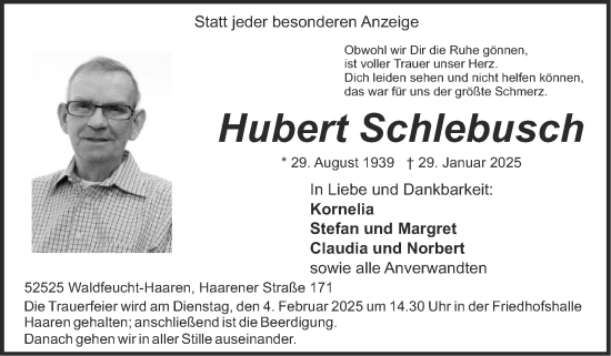 Traueranzeige von Hubert Schlebusch von Zeitung am Sonntag