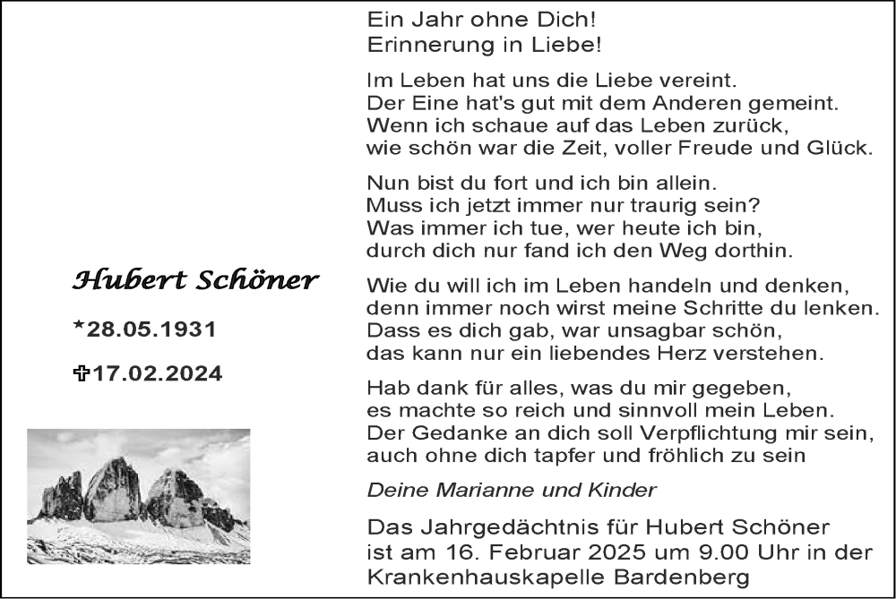  Traueranzeige für Hubert Schöner vom 09.02.2025 aus Zeitung am Sonntag