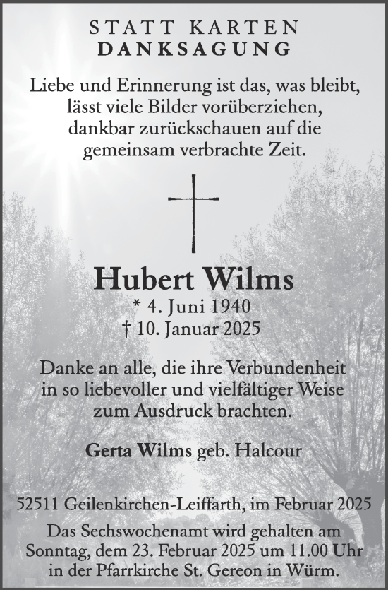 Traueranzeige von Hubert Wilms von Zeitung am Sonntag