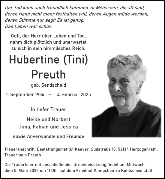 Traueranzeige von Hubertine Preuth von Zeitung am Sonntag