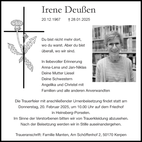 Traueranzeige von Irene Deußen von Zeitung am Sonntag
