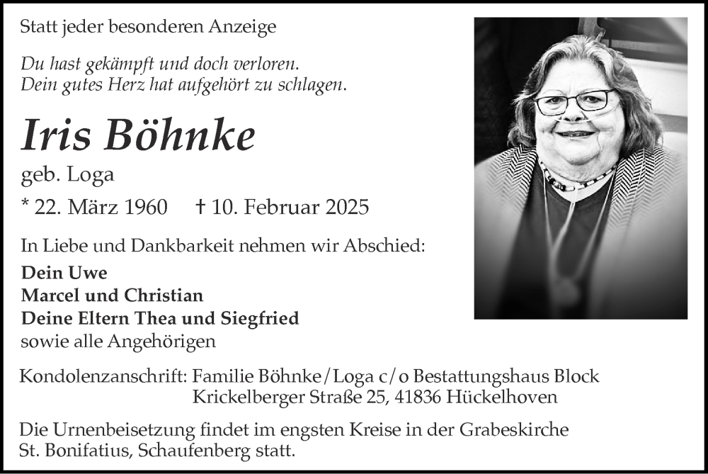  Traueranzeige für Iris Böhnke vom 16.02.2025 aus Zeitung am Sonntag