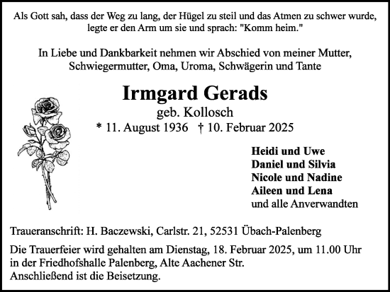 Traueranzeige von Irmgard Gerads von Zeitung am Sonntag
