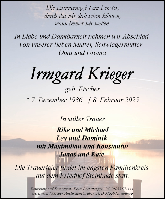Traueranzeige von Irmgard Krieger von Aachener Zeitung