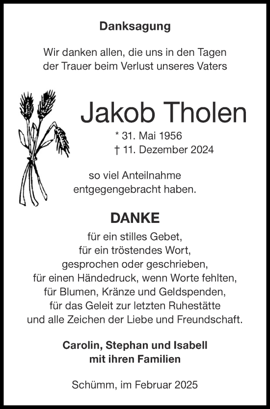 Traueranzeige von Jakob Tholen von Zeitung am Sonntag
