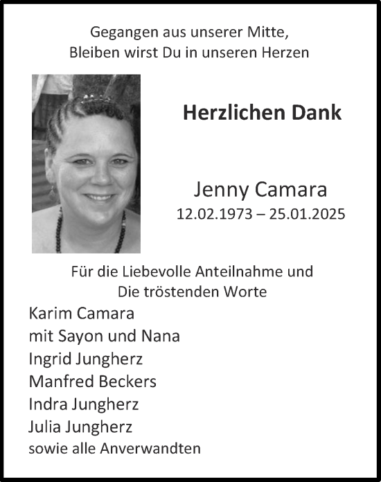 Traueranzeige von Jenny Camara von Zeitung am Sonntag