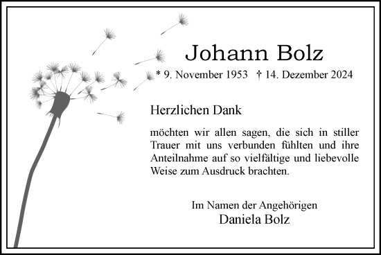 Traueranzeige von Johann Bolz von Zeitung am Sonntag