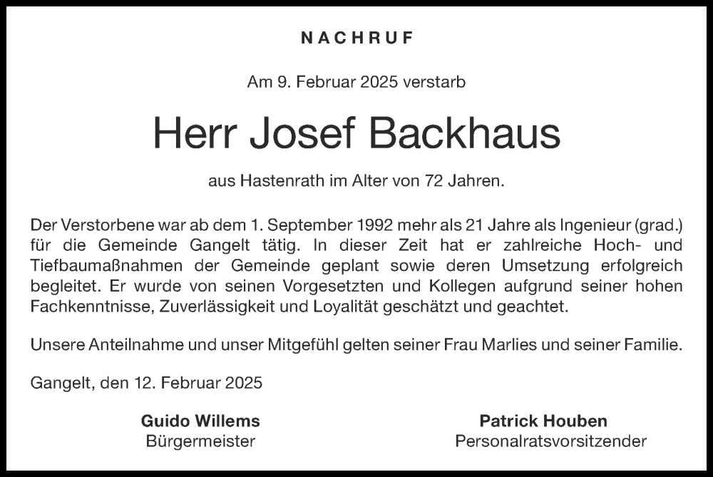  Traueranzeige für Josef Backhaus vom 16.02.2025 aus Zeitung am Sonntag