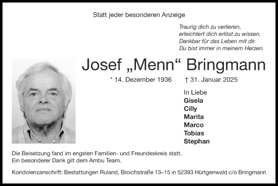 Traueranzeige von Josef Bringmann von Zeitung am Sonntag