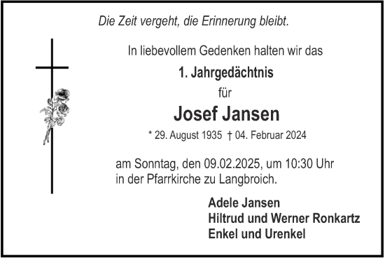 Traueranzeige von Josef Jansen von Zeitung am Sonntag