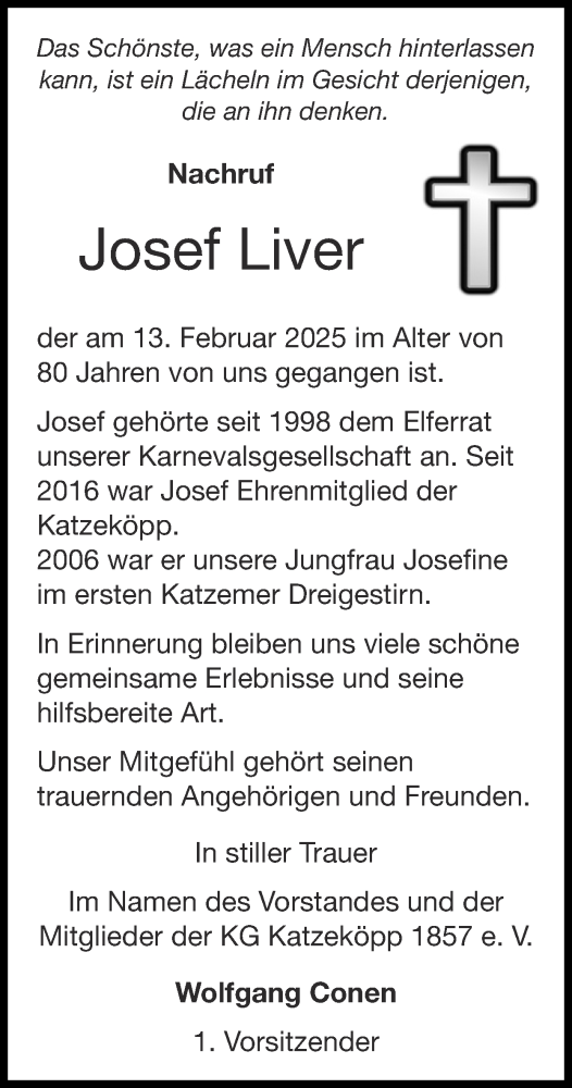 Traueranzeige von Josef Liver von Zeitung am Sonntag