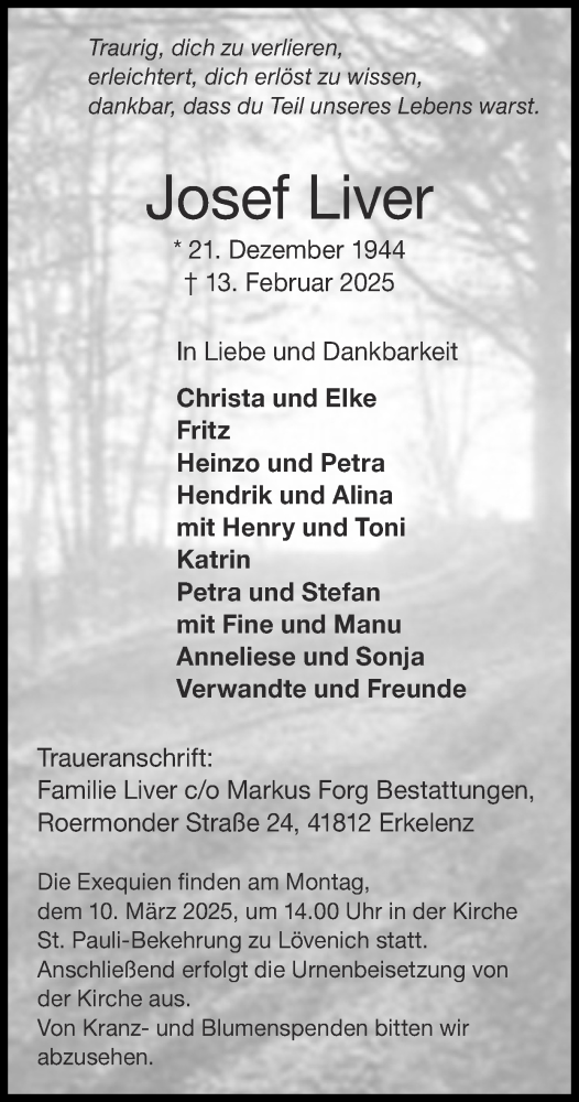 Traueranzeige von Josef Liver von Zeitung am Sonntag