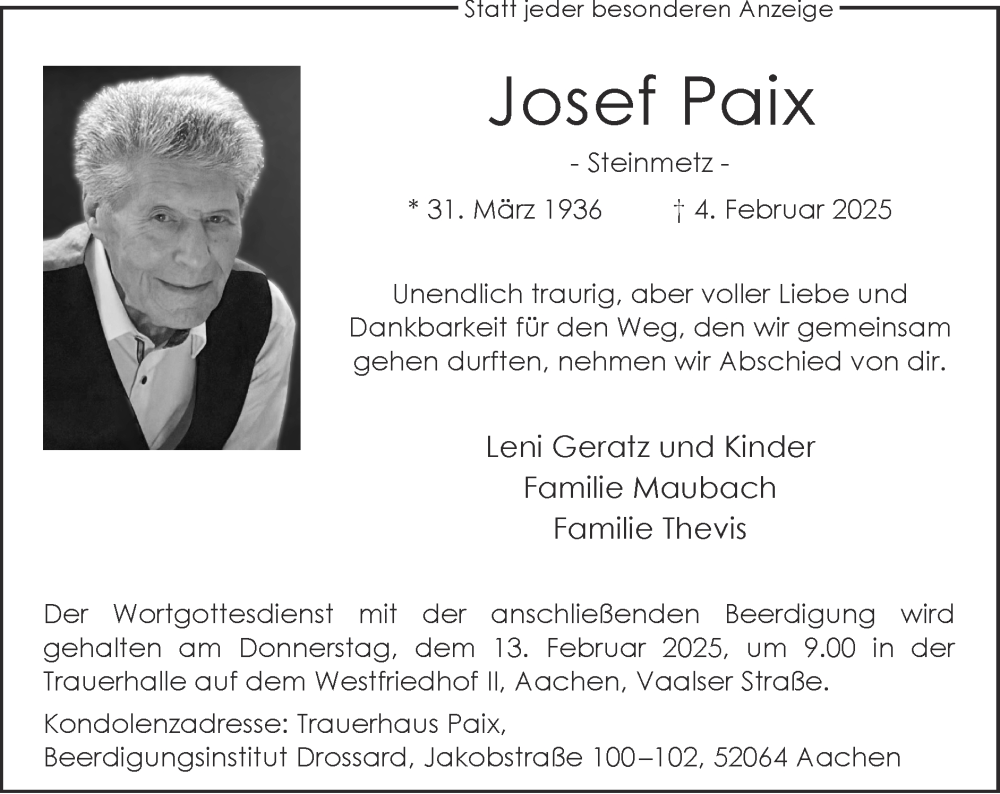  Traueranzeige für Josef Paix vom 09.02.2025 aus Zeitung am Sonntag