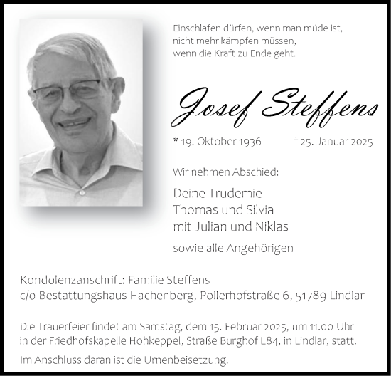 Traueranzeige von Josef Steffens von Zeitung am Sonntag