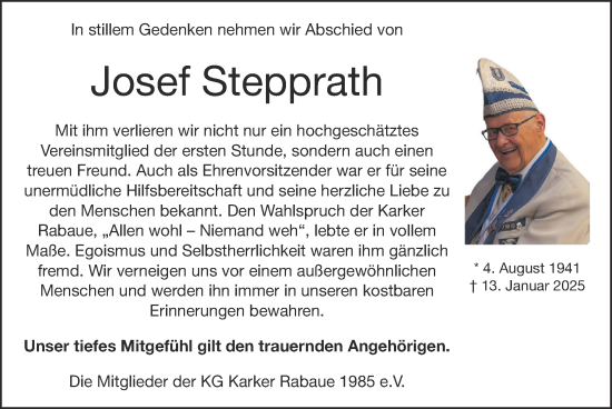 Traueranzeige von Josef Stepprath von Zeitung am Sonntag