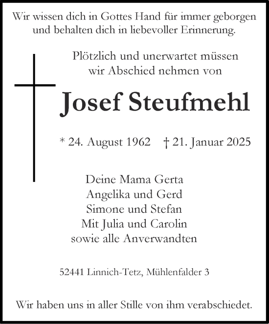 Traueranzeige von Josef Steufmehl von Zeitung am Sonntag