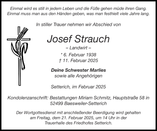 Traueranzeige von Josef Strauch von Zeitung am Sonntag
