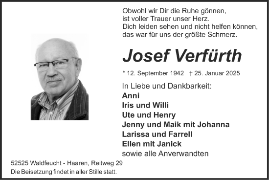 Traueranzeige von Josef Verfürth von Zeitung am Sonntag