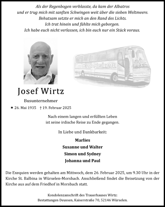 Traueranzeige von Josef Wirtz von Zeitung am Sonntag