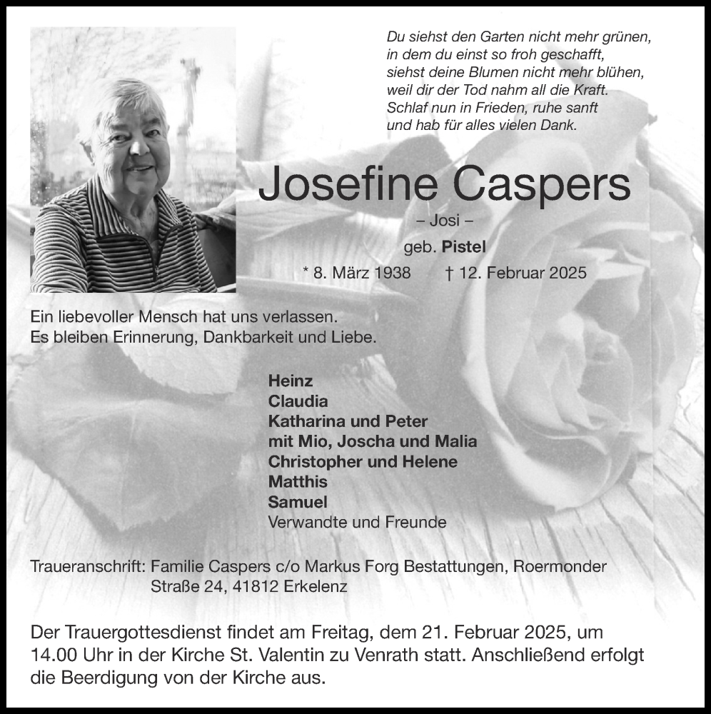  Traueranzeige für Josefine Caspers vom 16.02.2025 aus Zeitung am Sonntag