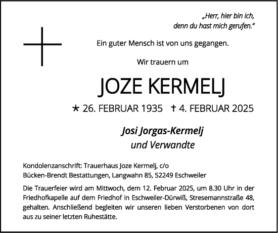Traueranzeige von Joze Kermelj von Zeitung am Sonntag
