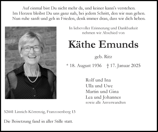 Traueranzeige von Käthe Emunds von Zeitung am Sonntag