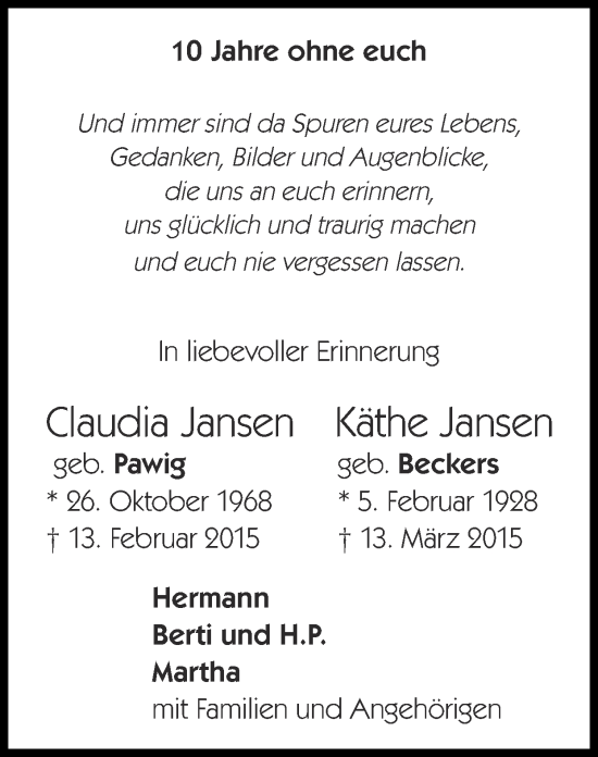 Traueranzeige von Käthe Jansen von Zeitung am Sonntag