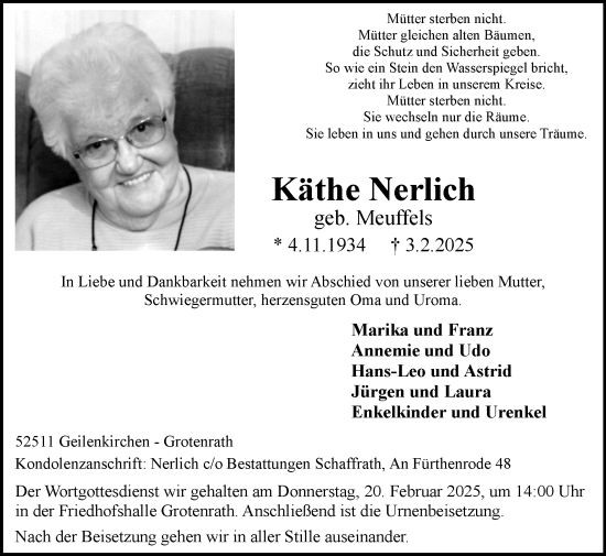 Traueranzeige von Käthe Nerlich von Zeitung am Sonntag