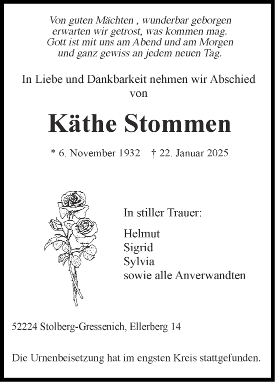 Traueranzeige von Käthe Stommen von Zeitung am Sonntag
